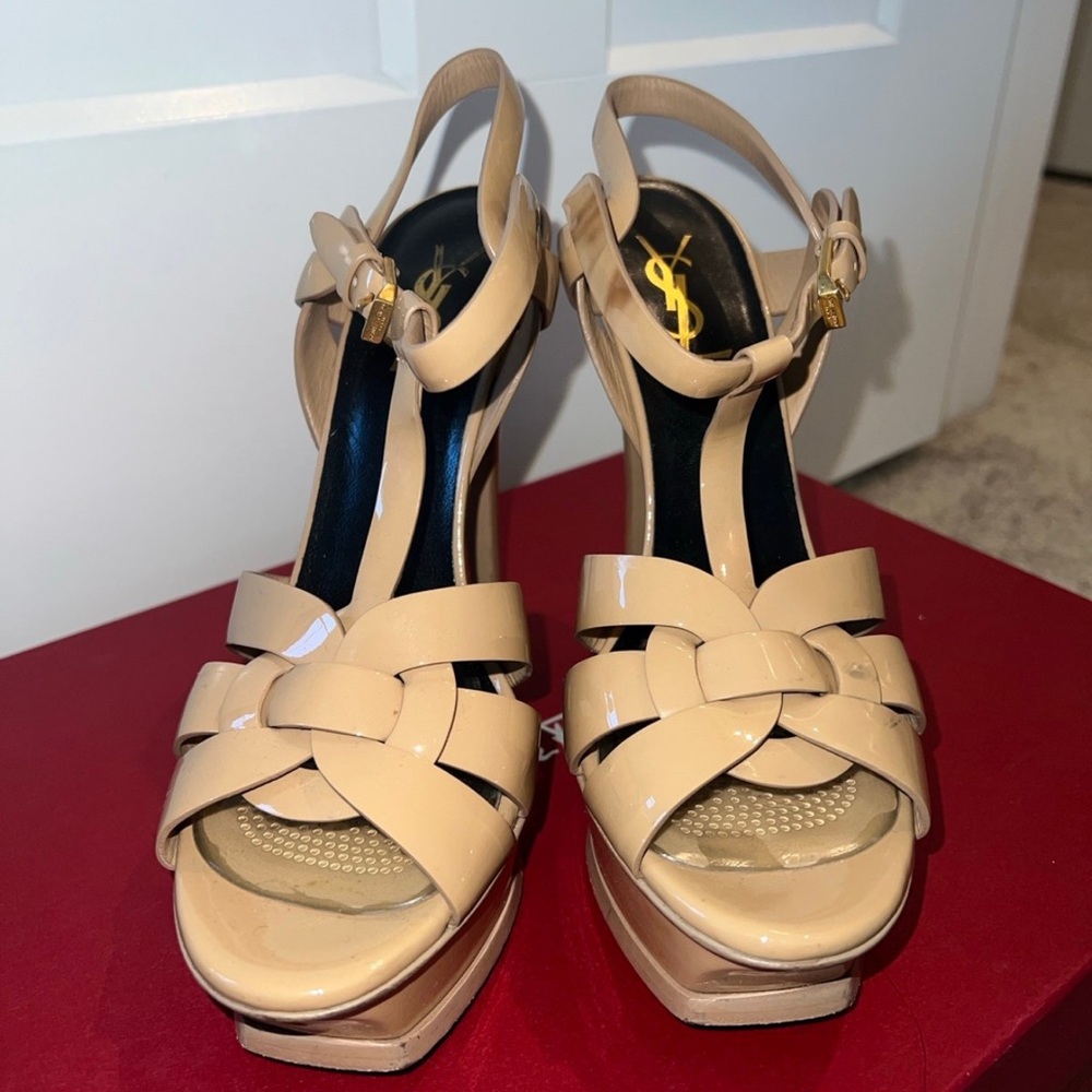 Yves Saint Laurent Tribute Patent Leather Platform Heels Nude